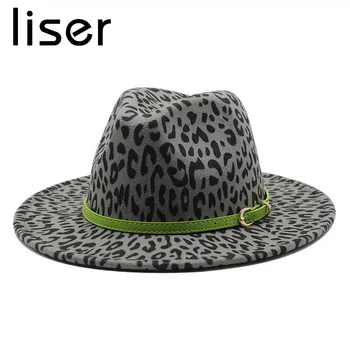 LISER Unisex Fedoras Rudenī un Ziemā Džeza Cepures Dzīvoklis Malām Vilnas Leopard Raksts Zaļā Mazās Ādas Jostas Apdare Forša Cepure