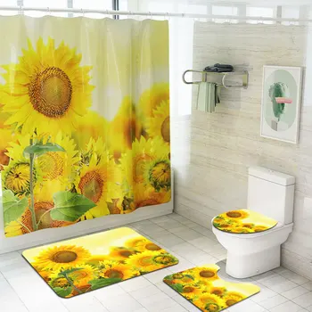 1Set PVC Saulespuķu Vannas istabas Produktu Pjedestāla Paklājs + Vāks Tualetes Vāks+Vannas Paklājiņu Komplekts + Dušas Aizkars+12x Āķi Mājas Dekoru