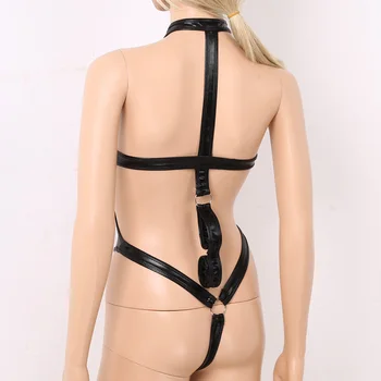 TiaoBug Sieviešu Spīdīga Metāla Pavada Karstā Sexy Bodysuit ar Atturīgu Aproce Apakšveļa Naktsveļu Rave Clubwear Verdzība Kostīms