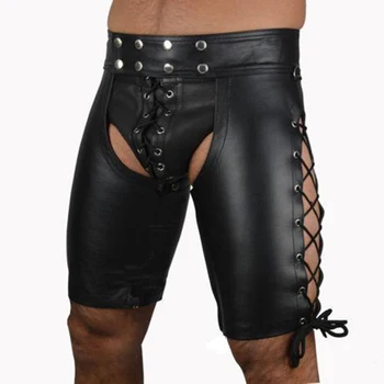 Melna Mākslīgās Ādas Mooning Bikses Vīriešu Sexy Apakšveļa Catsuit Clubwear Vīriešiem Karstā Erotiska Fetišs Valkāt Pārsējs Bikses XL, XXL Plus Izmēra