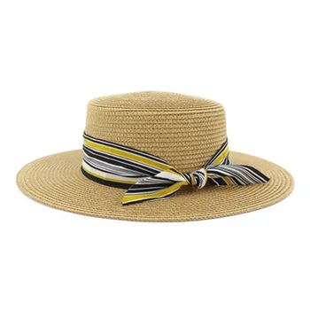 Salmu cepures sievietēm, vasarā, pavasarī flat top ar lenti band bowknot sieviešu cepures vasaras elegants platām malām, roku darbs āra saules cepures