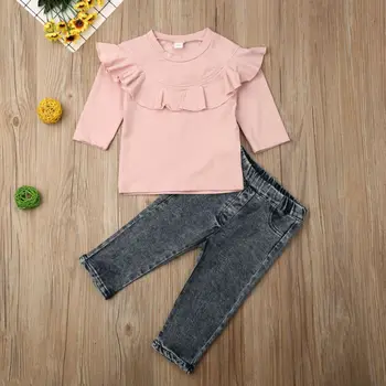 Meitene Drēbes 2019 Baby Toddler Meitene Bērniem Savirmot Apkakli, garām Piedurknēm Džinsa Bikses Bikses Drēbes, Izmēri 2-6Y