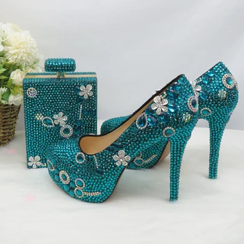 Krīklis Zilā kristāla Kāzu kurpes ar atbilstošas somas Līgava Dāmas, augsti platformu apavi un somas sieviete Modes Pusei kurpes Apaļu Purngalu