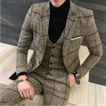 3 Gabali 2020. Gadam Kostīmi Vīriešu Britu Jaunā Stila Dizainu Royal Blue Vīriešu Uzvalku Rudens Ziemas Bieza Slim Fit Pleds Kāzu Kleitu Tuxedos