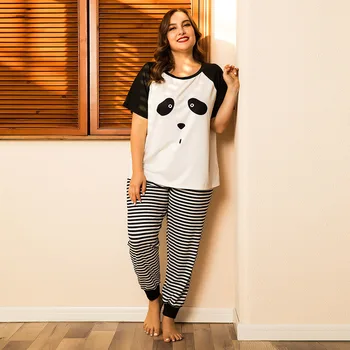 DOIB Sieviešu Plus Lieluma Pidžamas Komplekts Karikatūra Panda T-krekls Svītrainām garajām Biksēm Liela Izmēra Homewear Naktsveļu Uzvalks Divi Gabali Sleepwear