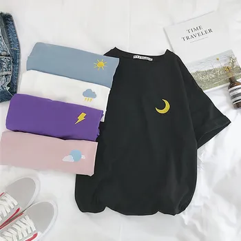 YouGeMan 2019 Jaunas Ielidošanas Sieviešu T-krekls Vasaras Gadījuma korejas Ulzzang Harajuku Mēness Izšuvumi Īsām Piedurknēm T krekls Meiteņu Drēbes