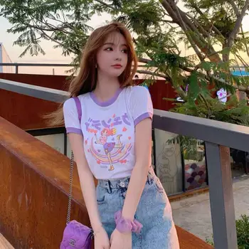 Estētiskās Harajuku T-Krekls Kawaii Samazināt rainbow meitenes Drukāt Vasaras korejiešu pop Streetwear Sieviešu gadījuma šiks Topi, t-veida, apģērbu izmēru