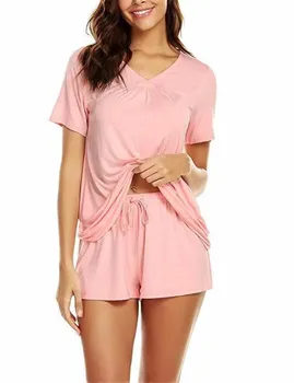 2GAB Pidžamas Komplekts Sievietēm Mīkstu Komforta Sleepwear Īsām Piedurknēm Top Šorti tīrtoņa Krāsu Naktsveļu Dāmām