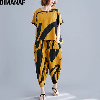 DIMANAF Vasarā Plus Lieluma Komplekti, Sieviešu Apģērbs, Sieviešu Dāma Top Krekls, Garās Bikses Vaļīgas Gadījuma Kokvilnas Komplekti Uzvalks Modes Drukāt Dzeltena