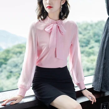 Korejas Modes Sieviešu Blūzes Eleganta Sieviete Loku Šifona Kreklu Acs Mežģīņu Topi Plus Lieluma Sievietēm, Blūzes Blusas Mujer De Moda 2020