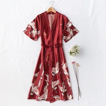 Zīdaini Sieviešu Kimono Sleepshirt Red V-Veida Kakla Drēbes Pidžamu Pavasara Naktskrekls Zaudēt Negligee Lounge Drukāt Miega Kleita Mājas Drēbes