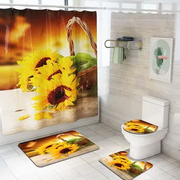 1Set PVC Saulespuķu Vannas istabas Produktu Pjedestāla Paklājs + Vāks Tualetes Vāks+Vannas Paklājiņu Komplekts + Dušas Aizkars+12x Āķi Mājas Dekoru