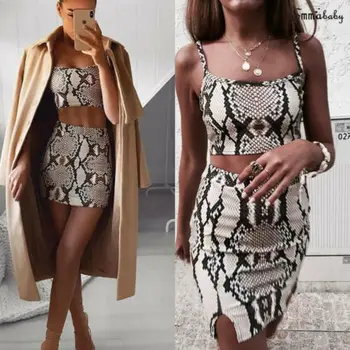 Hirigin Sievietes 2 Gabals, Kas Sievietēm 2019 Jaunu Modes Čūska Print Drēbes Vasaras Ražas Top Set Sexy Bodycon Mini Kleita