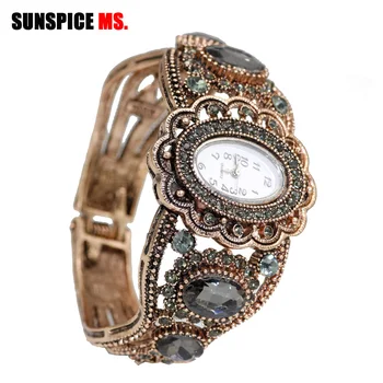 SUNSPICE-MS Kvarca rokas Pulkstenis Retro Vintage Rokassprādze Aproces Skatīties Sieviešu Antīka Zelta Krāsā Puķu Dobi Indijas Rotaslietas Pelēkā Crystal
