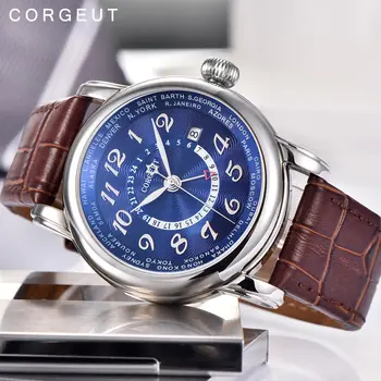 Corgeut Luksusa Zīmolu Mehāniskās Skatīties Modes Ādas Top Duālā laika zona GMT Automātiskā Vīriešiem Skatīties Ādas Mehāniskās Rokas pulksteni
