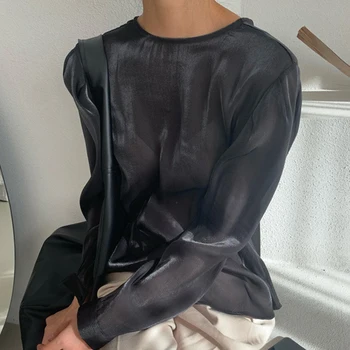 Nomikuma Cēloņu O-veida kakla Sieviešu Blūze korejas Plānas Plāksnītes Džemperi, Topi 2021. Gada Pavasarī Jaunu garām Piedurknēm Blusas Mujer De Moda 6D923