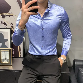 Spilgtas Krāsas Krekls Vīriešu Rudens Jaunas Garām Piedurknēm Kleita Krekli Vīriešu Modes 2020. Gadam Visas Spēles Slim Fit Uzņēmumu Formālās Valkāt Blūze Vīriešiem