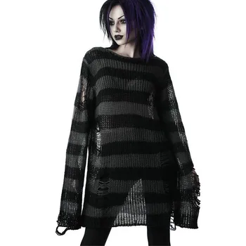 Punk Gothic Ilgi Unisex Džemperis 2020. Gada Vasaras Sieviešu Svītrainām Atdzist Dobi Caurumā Sadalīti Džemperis Loose Rock Plānas Tumši Streetwear Augšu