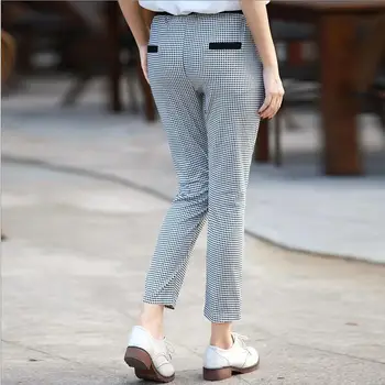 Labas Kvalitātes Vasaras Kokvilnas Pleds Bikses Sievietēm 2019 Modes Dāmas Pārbaudīt, Biksēm Elastīgs Viduklis OL Style Darba Pantalon Mujer P48-1