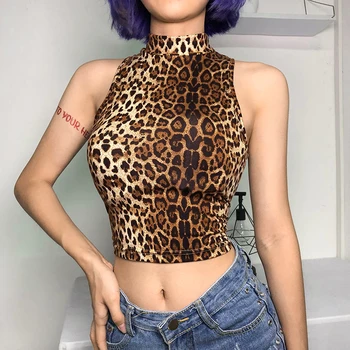 HEYounGIRL Leopards Drukāt Topi Bez Piedurknēm Tees Augstu Uzrullētu Apkakli Kultūraugu Top Sievietes Streetwear Īss Camis Gadījuma Apgriezts Feminino 2018