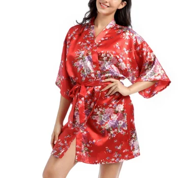 Sieviešu Nightrobe Zīda Satīna Kimono, Halāti, Ziedu Drukāt Līgava Kāzu Naktī halāti Sleepwear Sexy Dāmas Nightgowns