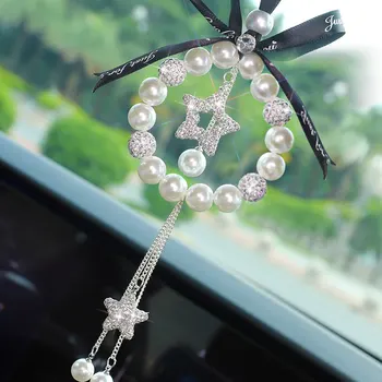 Diamond Pearl Auto Kulons Cute Karikatūra Lācis Sirds Pušķi Atpakaļskata Spogulis Rotājumu Modes Rhinestone Sieviete, Auto Piederumi