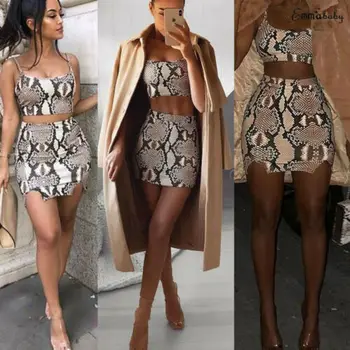 Hirigin Sievietes 2 Gabals, Kas Sievietēm 2019 Jaunu Modes Čūska Print Drēbes Vasaras Ražas Top Set Sexy Bodycon Mini Kleita