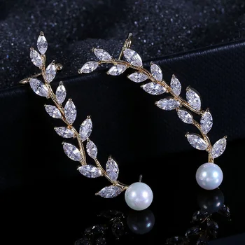 Moderns Sudraba Krāsā Kubiskā Cirkonija Vītolu Lapu Crystal Ilgi Auskari Modes Augu Pērļu Kāzu Auskari Sieviešu Rotaslietas