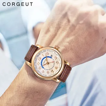 Corgeut Luksusa Zīmolu Mehāniskās Skatīties Modes Ādas Top Duālā laika zona GMT Automātiskā Vīriešiem Skatīties Ādas Mehāniskās Rokas pulksteni
